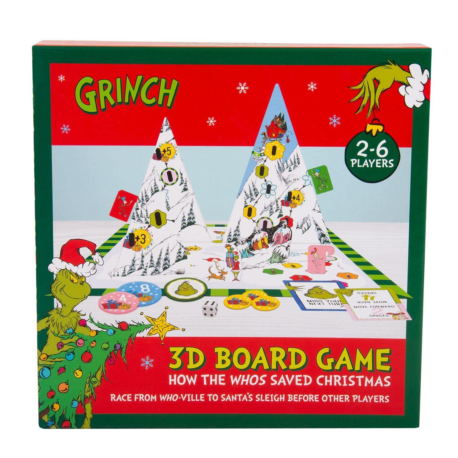 The Grinch Christmas Board Game. 2-6 Players. Grinch Themed Festive Family Games. 3D Board Game. Officially Licensed The Grinch Merchandise. Grinch Christmas Themed Board Games.
