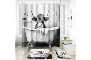 ArtSocket Highland Cow Bathroom Set with Shower Curtain and Rugs and Accessories, Funny Farmhouse Bull in Bathtub Cute Grey Shower Curtain for Bathroom Decor 4 Pcs