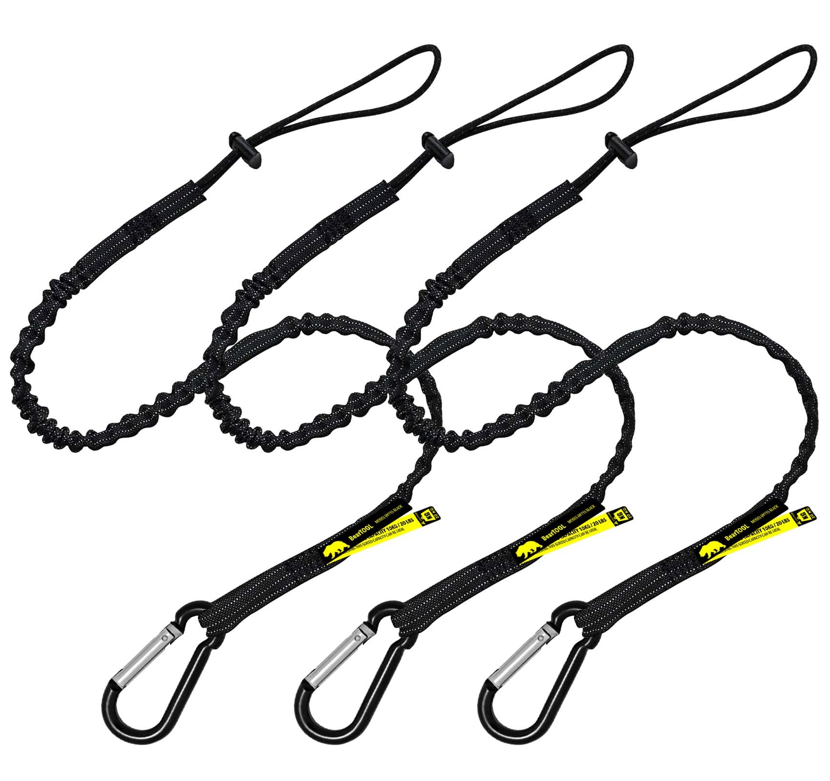 BearTOOLS Tool Lanyard with Standard Spring Carabiner and Adjustable Loop End, 90cm Length, Maximum Weight Limit 8KG / 17.6lb, Fall Restraint with Shock Cord Stopper, 3 Combo Pack (Black 0913S)