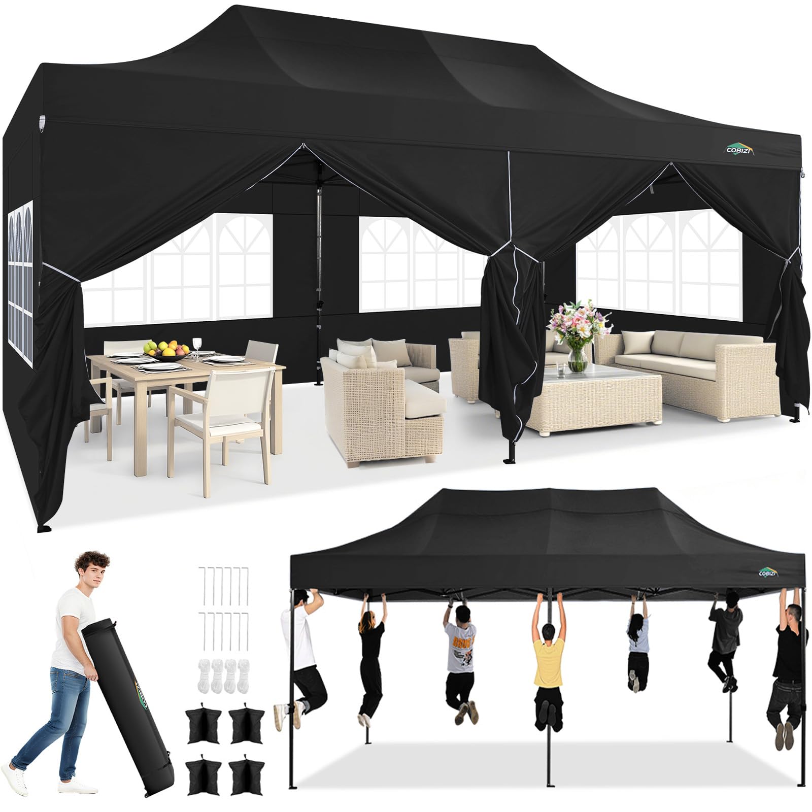 Photo 1 of **used***COBIZI 10x20 Pop up Canopy Tent Heavy Duty with 6 Sidewalls, Easy Set-up Commercial Outdoor Party Tent, 100% Waterproof Wedding Tent Gazebo, 3 Height Adjustable with Wheeled Bag, Black