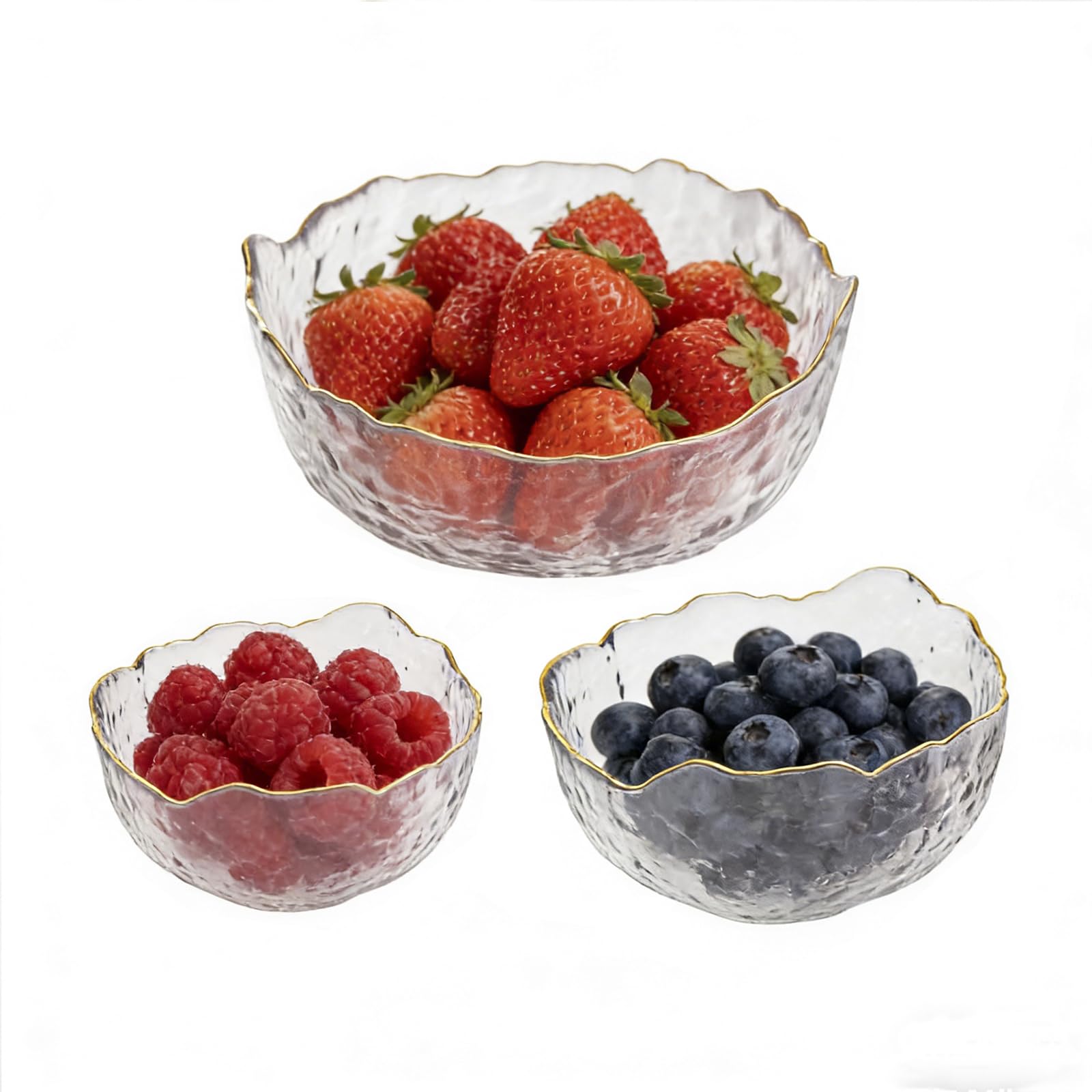 KMYC Glass Salad Bowls Set, Irregular Shape with Gold Rim, 3 Piece Serving and Mixing Bowl for Fruit, Dessert, Cereal, Pasta, Popcorn