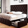 Allewie Upholstered King Size Platform Bed Frame with 4 Storage Drawers and Headboard, Diamond Stitched Button Tufted, Mattress Foundation with Wooden Slats Support, Black Brown