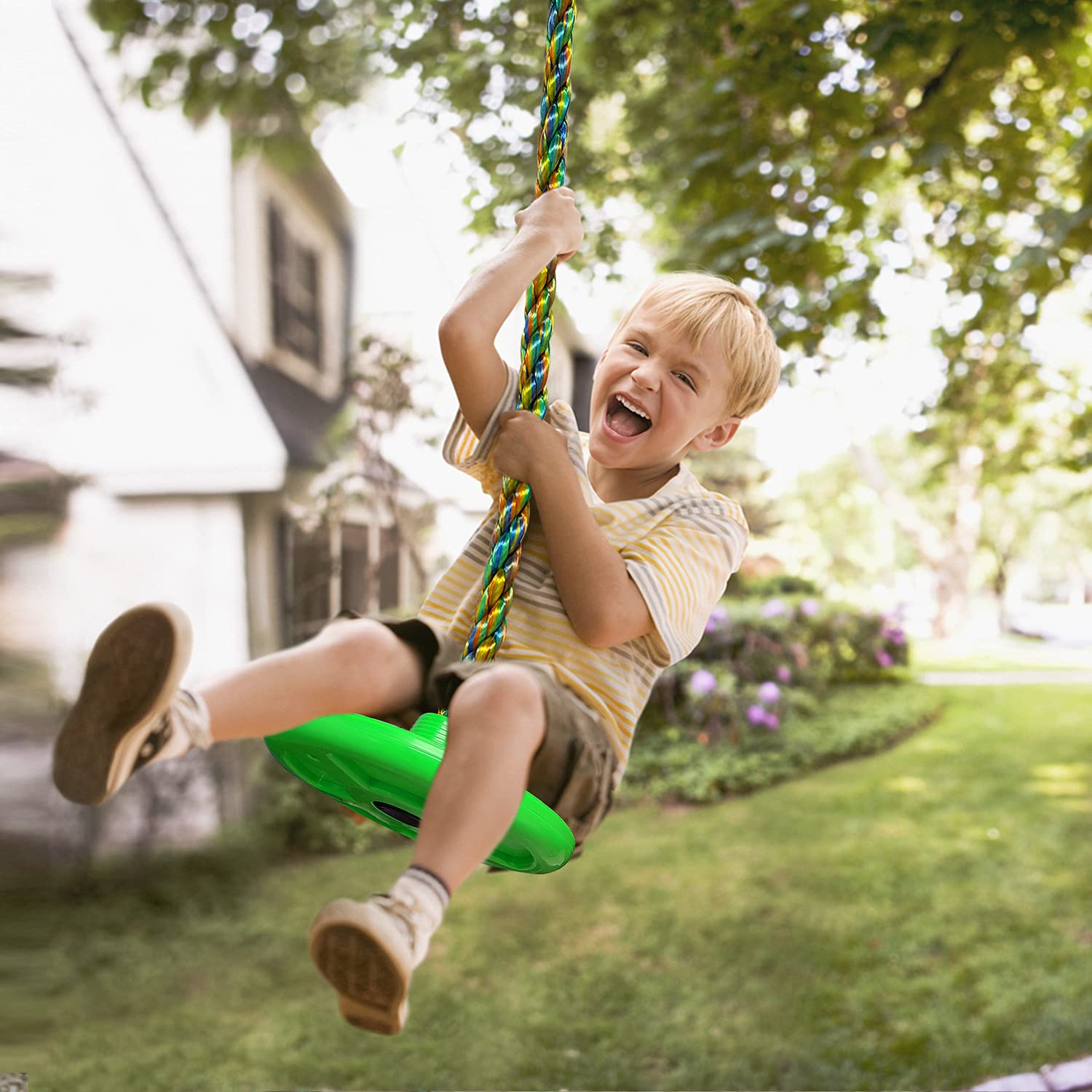 Tree Swing for Kids Backyard Single Disc Rope Climbing Swing Seat for Tree Indoor Outdoor Playground Set Accessories with Thickening 4 Ft Strap-Green