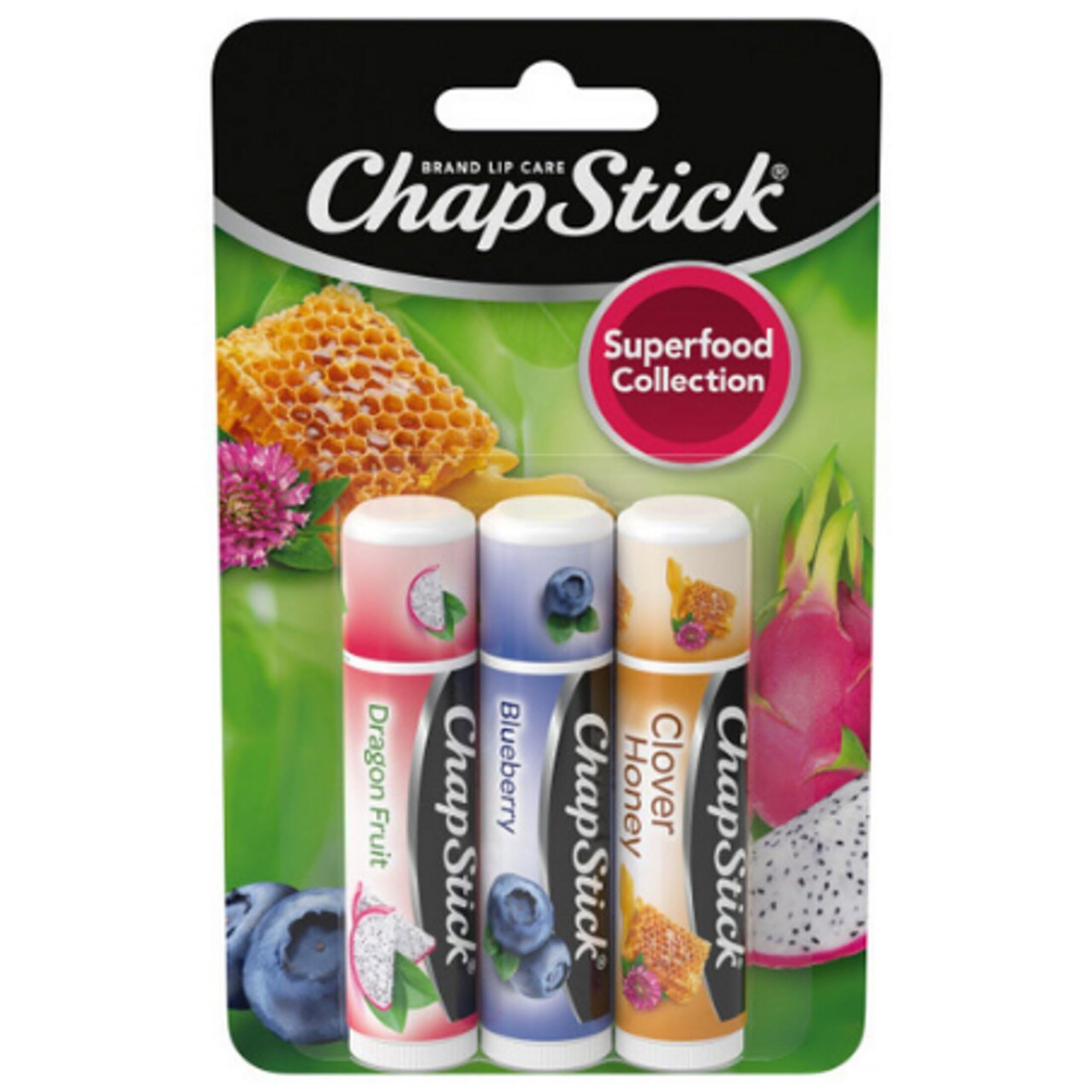 ChapStick Lip Balm, Superfood Collection 3-Pack – Dragon Fruit, Blueberry & Clover Honey, Moisturizer for Dry Lips, 0.15 Oz
