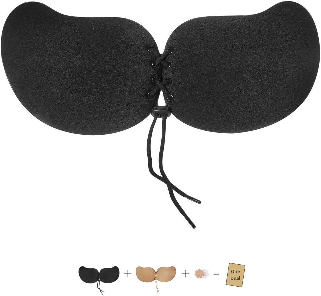 Niirb Invisible Bra Harmless Self Adhesive Silicone Skin-Friendly Adjustable Lace-up Lightsome Airy Feel Lift and Push-up Strapless Nipple Covers Nude and Black (B)