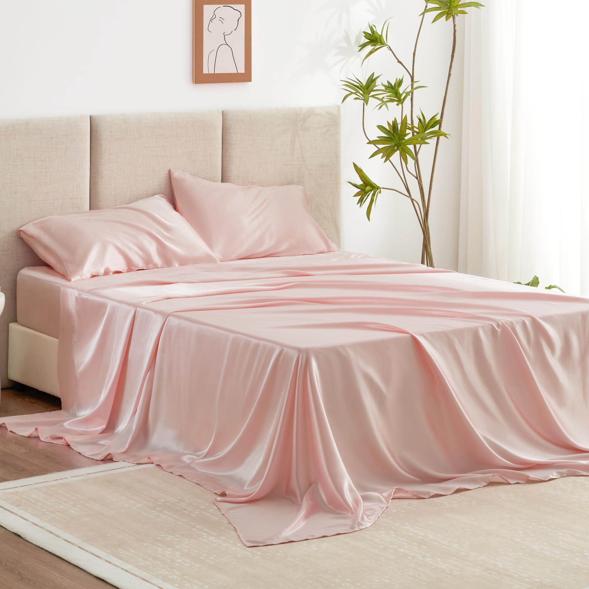 Photo 1 of Love's cabin Full Size Satin Sheet Sets - 4 Piece Coral Silky Satin Sheet Set Full with Deep Pocket, Luxury Silk Feel Satin Bed Sheets Full Bedding Set (1 Flat Sheet,1 Fitted Sheet,2 Pillow Cases)