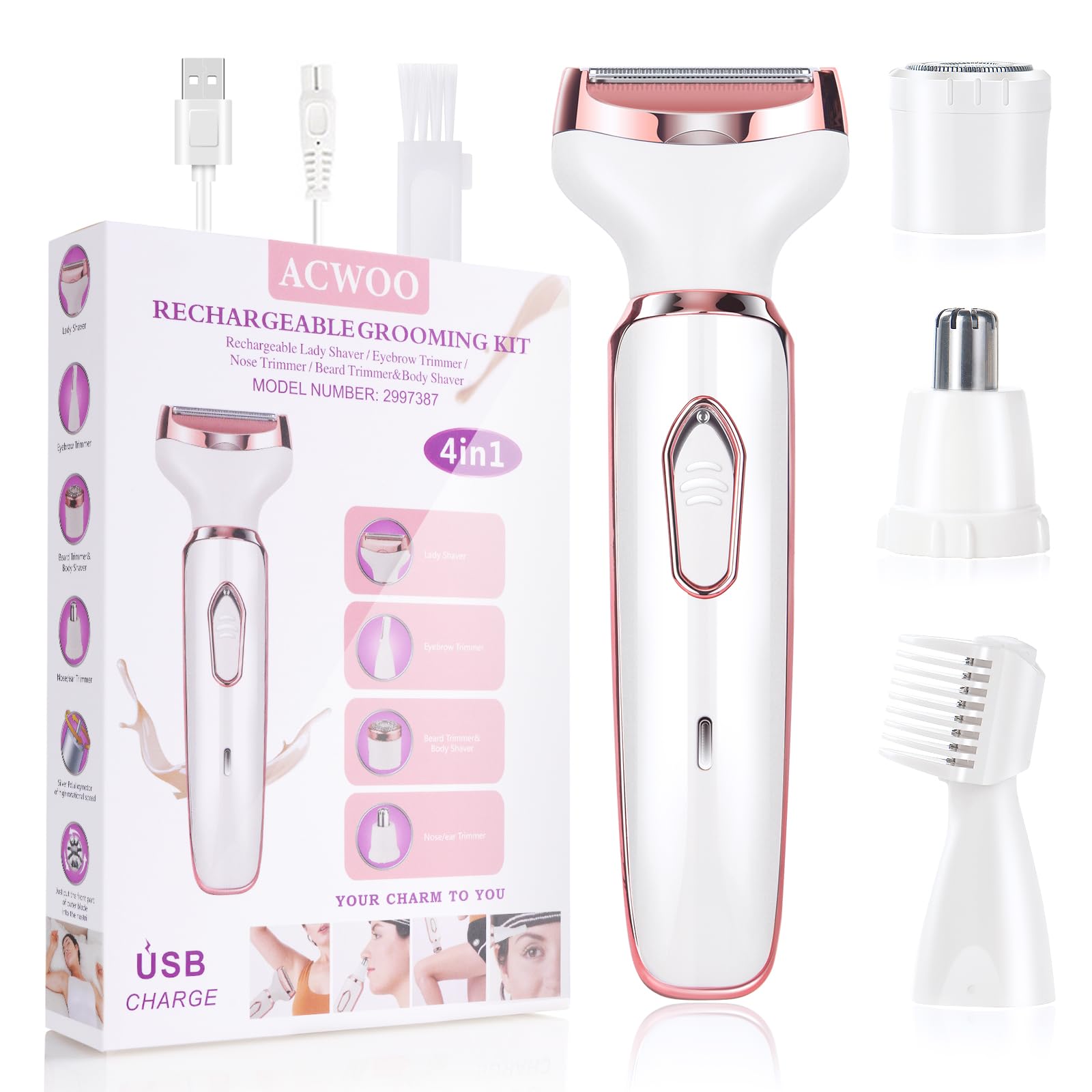 ACWOO Electric Lady Shaver for Women, Bikini Trimmer Women 4-in-1 Wet and Dry, Rechargeable Nose Hair Trimmer, Advanced Pain-Free Electric Razor for Face Legs Underarm Nose and Eyebrow — image 1