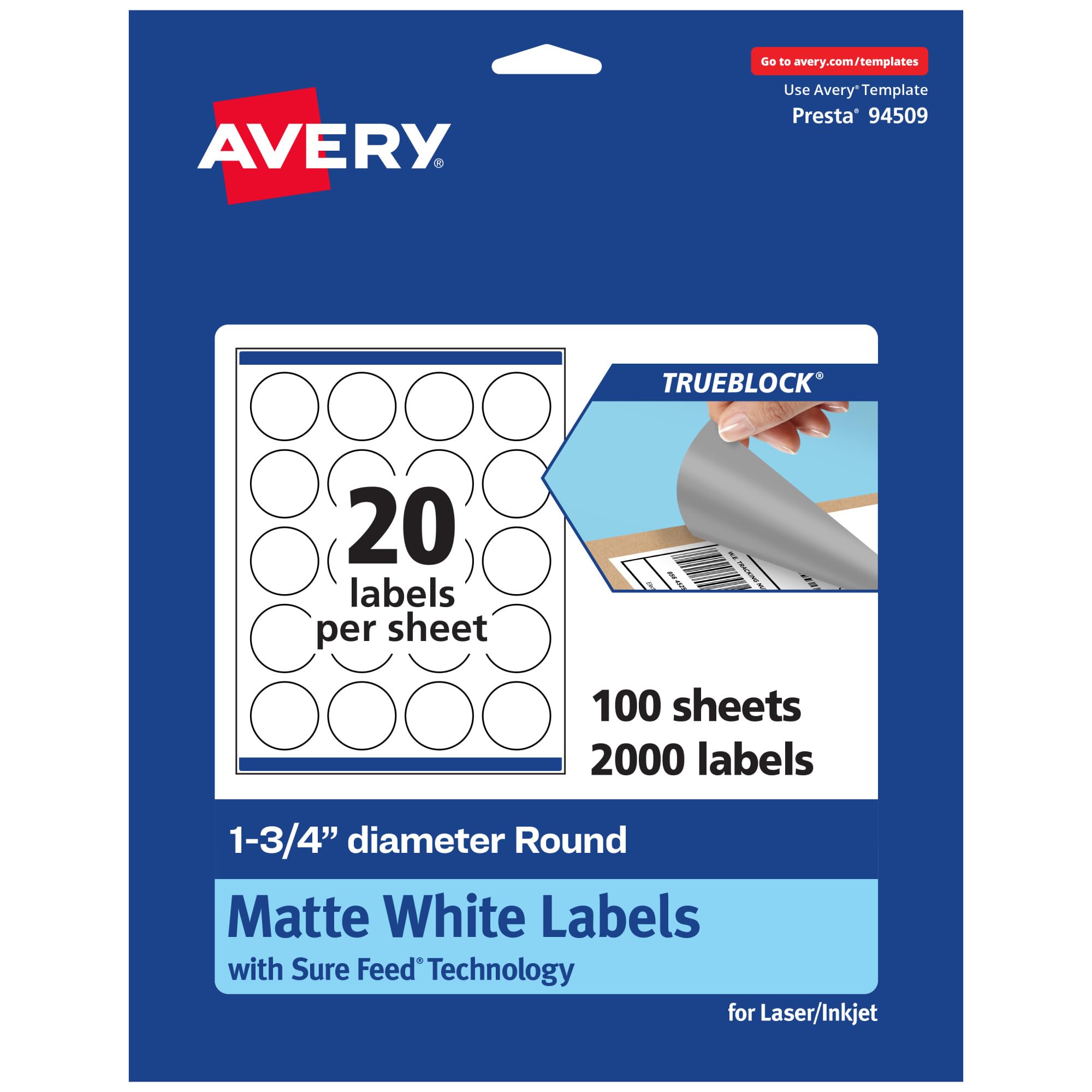 Avery TrueBlock Matte White Round Labels, Sure Feed Technology, 1.75″ Diameter, 2,000 Matte White Labels, Print-to-The-Edge, Laser/Inkjet Printable, Great for Making Stickers or Product Merchandising