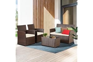FHFO 4 Piece Outdoor Patio Furniture Sets, Wicker Conversation Sectional Set, Rattan Chairs with Table and Loveseat for Balcony Porch Backyard (Brown-Beige)