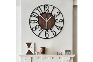 LEIKE Large Wall Clocks,Silent,Non Ticking,Battery Operated Big Retro Round Modern Wood Wall Clock for Living Room, Bedroom,Dinning Room,Farmhouse,Office,Home Decor-20 Inch(Black-Arabic Number)