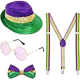 Fumwase 4PCS Mardi Gras Accessories Set for Men Women Sequin Hat Bow Tie Sunglasses Costume Suspenders