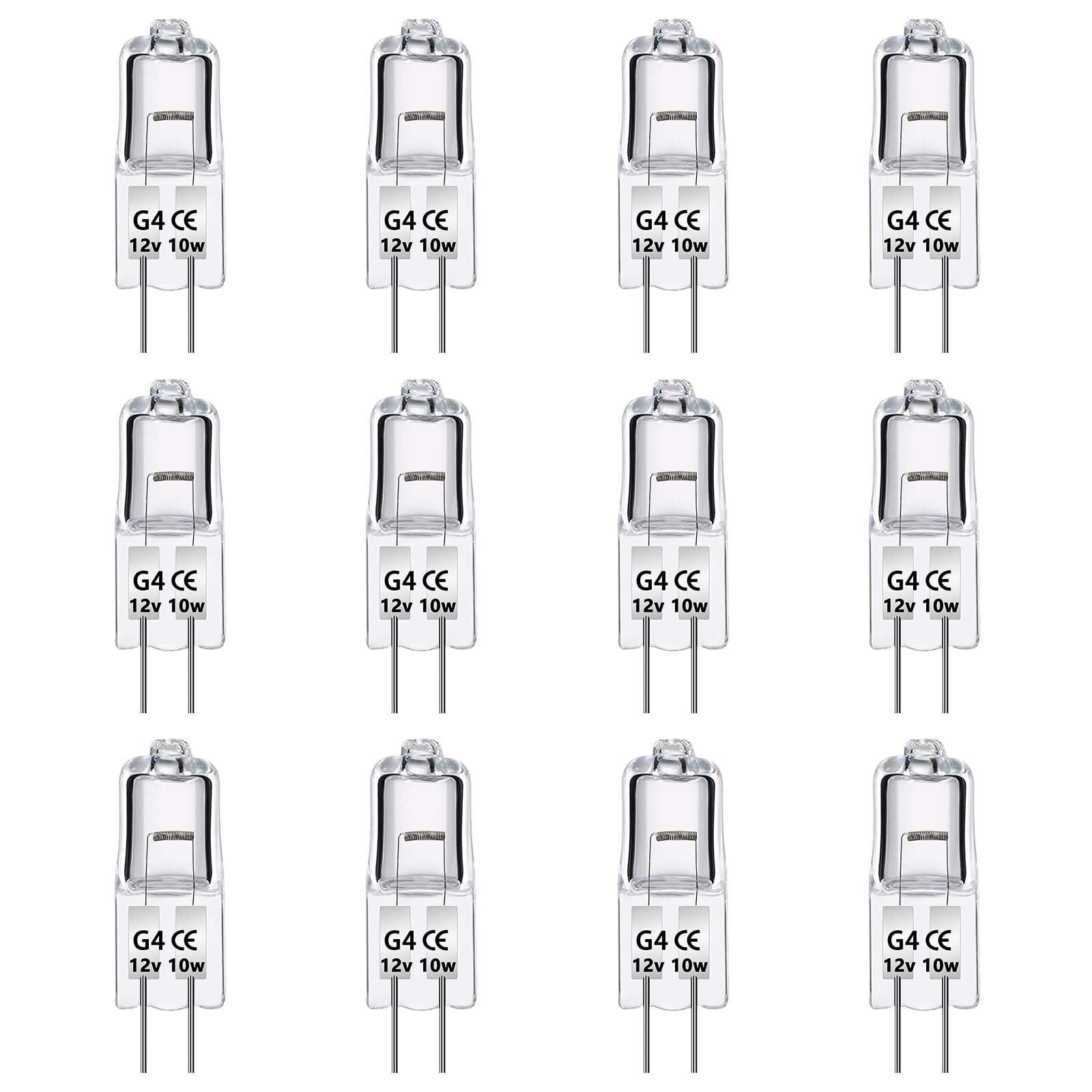 Caldarax 12 Pack G4 Halogen Light Bulbs 10W 12V, Dimmable Clear Capsule Lamp 2 Pin Lamp Bulb, 2700K Warm White, 140LM, G4 Pin Base Halogen Lamps, for Interior Light, Track Lighting, Cabinet Lighting