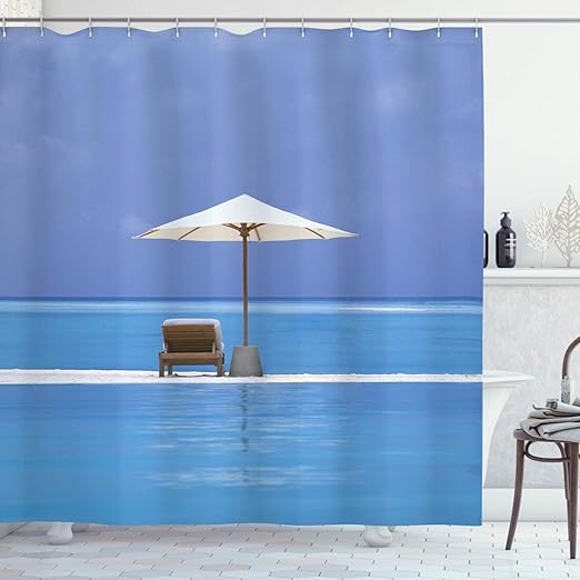 Amazon Com Ambesonne Seaside Decor Shower Curtain Set Beach Chairs And Umbrella On A Island In The Middle Of Ocean Seascape Picture Bathroom Accessories 84 Long Extra Blue Beige Home Kitchen