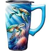 Spoontiques - Ceramic Travel Coffee Mug with Lid and Handle - Spill Proof Lid - Double Walled Mug for Hot and Cold Beverages - Microwave and Dishwasher Safe - Sea Turtle Travel Mug