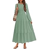 HOSIKA Tween Girls Fall Puff Long Sleeve Smocked Swiss Dot Tiered A-line Flowy Maxi Dress with Pockets 6-12 Years