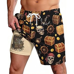 THE PIRATE KING Funny Pirate Men's Swim Trunks Quick Dry Drawstring Board Shorts with Compression Liner for Beach Surfing