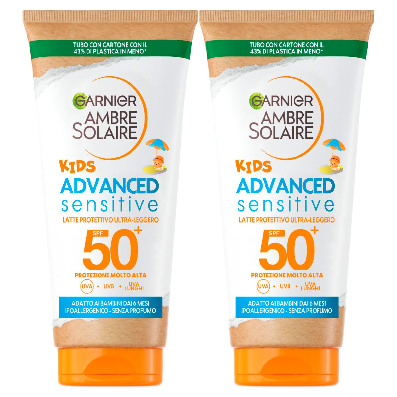 2 x Garnier Ambre Solaire Kids Advanced Sensitive SPF 50+ Resistance x3 Very High Protection for Children - 2 Bottles Each 50 ml