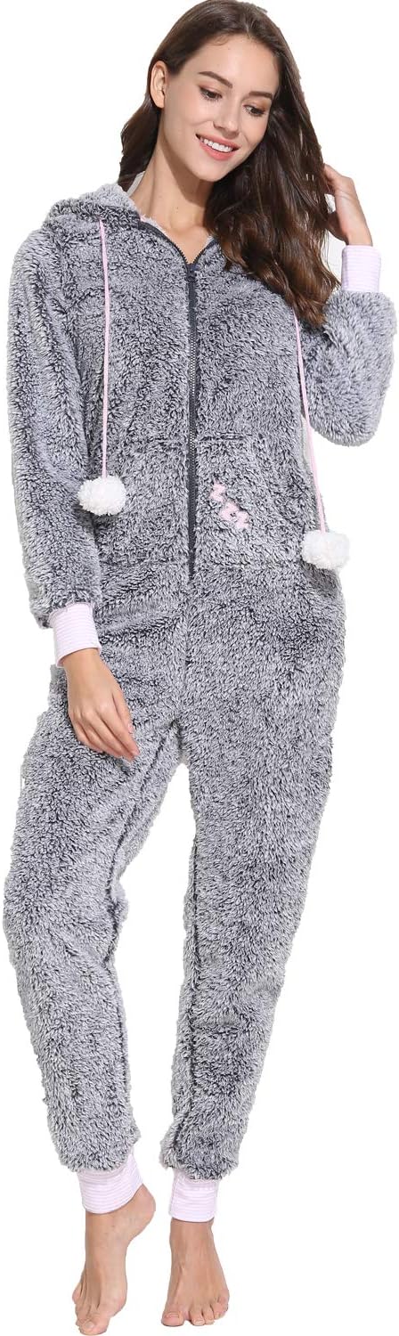 KINA FANG Womens Onesies Warm Pajama,Animal Hooded One Piece Costume for Adult