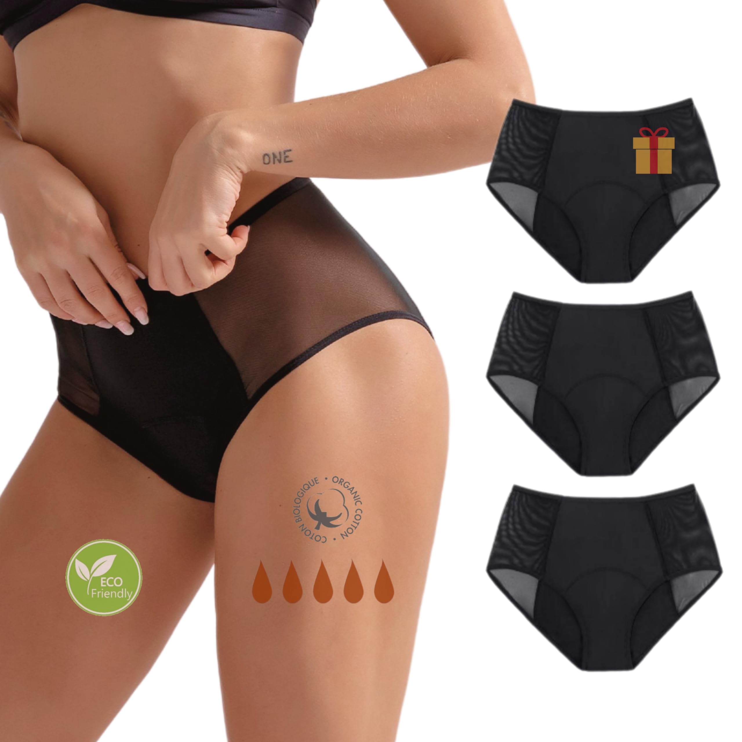 So'Cosy ADRIA High-waisted period pants Set of 3 in organic cotton for very Abundant Flow - Women's cotton incontinence pants women, maternity maternity pads Comfortable - Gift idea for women