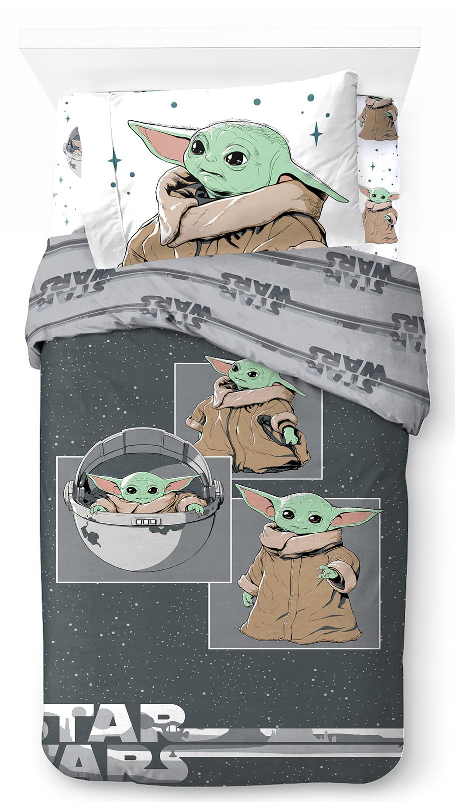 Jay Franco Star Wars The Mandalorian Curious Child 100% Cotton 3 Piece Single Bedding Set - Includes Duvet Cover, Fitted Sheet & Pillowcase