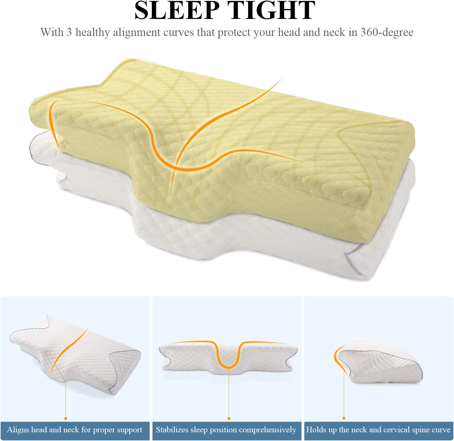 MARNUR Cervical Memory Foam Pillow Contoured Orthopedic Pillow Neck Support Ergonomic Pillows with 2 pcs Memory Foam to Adjust Hardness for Back Side Stomach Sleepers: Home & Kitchen