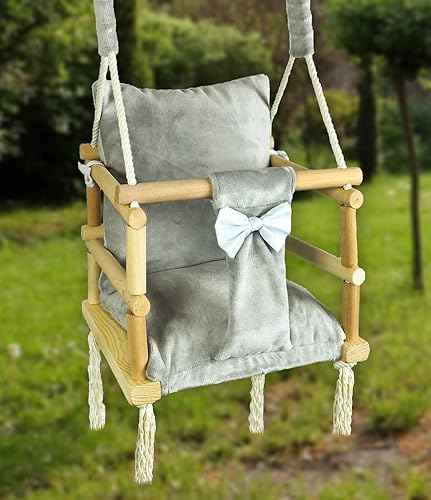 BlueKitty Schaukel für Kinder; Babyschaukel; Kinderschaukel mit Kissen; Schaukel für Haus und Garten; Schaukel aus Holz