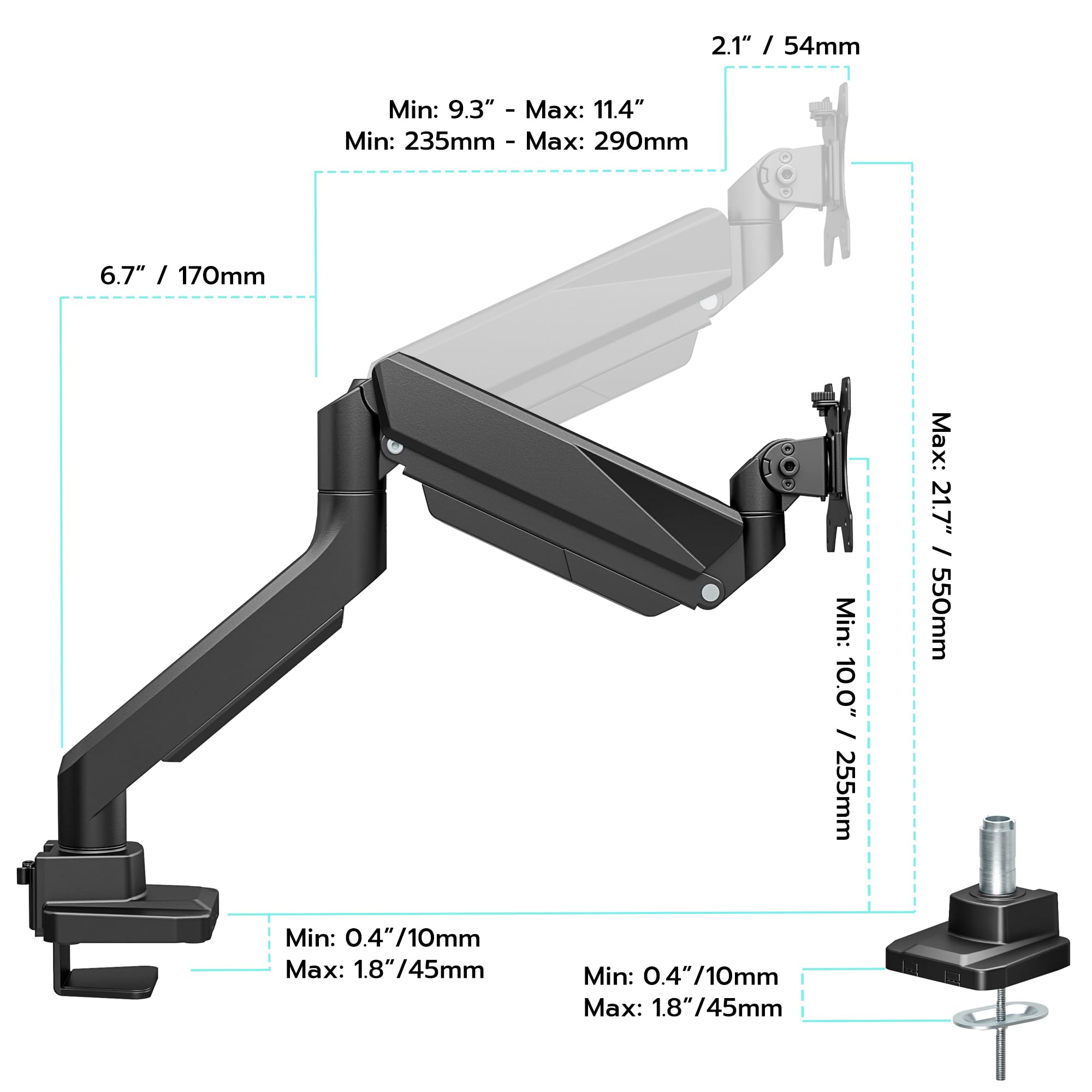 ARES WING Monitor Halterung für 17"-49" Flach Curved Bildschirm, Höhenverstellbar Bildschirmhalterung, Einzel Monitor Arm Tragfähigkeit Max 18 kg, 75/100mm Vesa-Halterung, Tischhalterung Schwarz 8