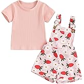 Lucikamy Toddler Baby Girls Summer Outfit Short Sleeve Ribbed Tops + Flower Suspender Overalls Shorts Set Kids Cute Clothes