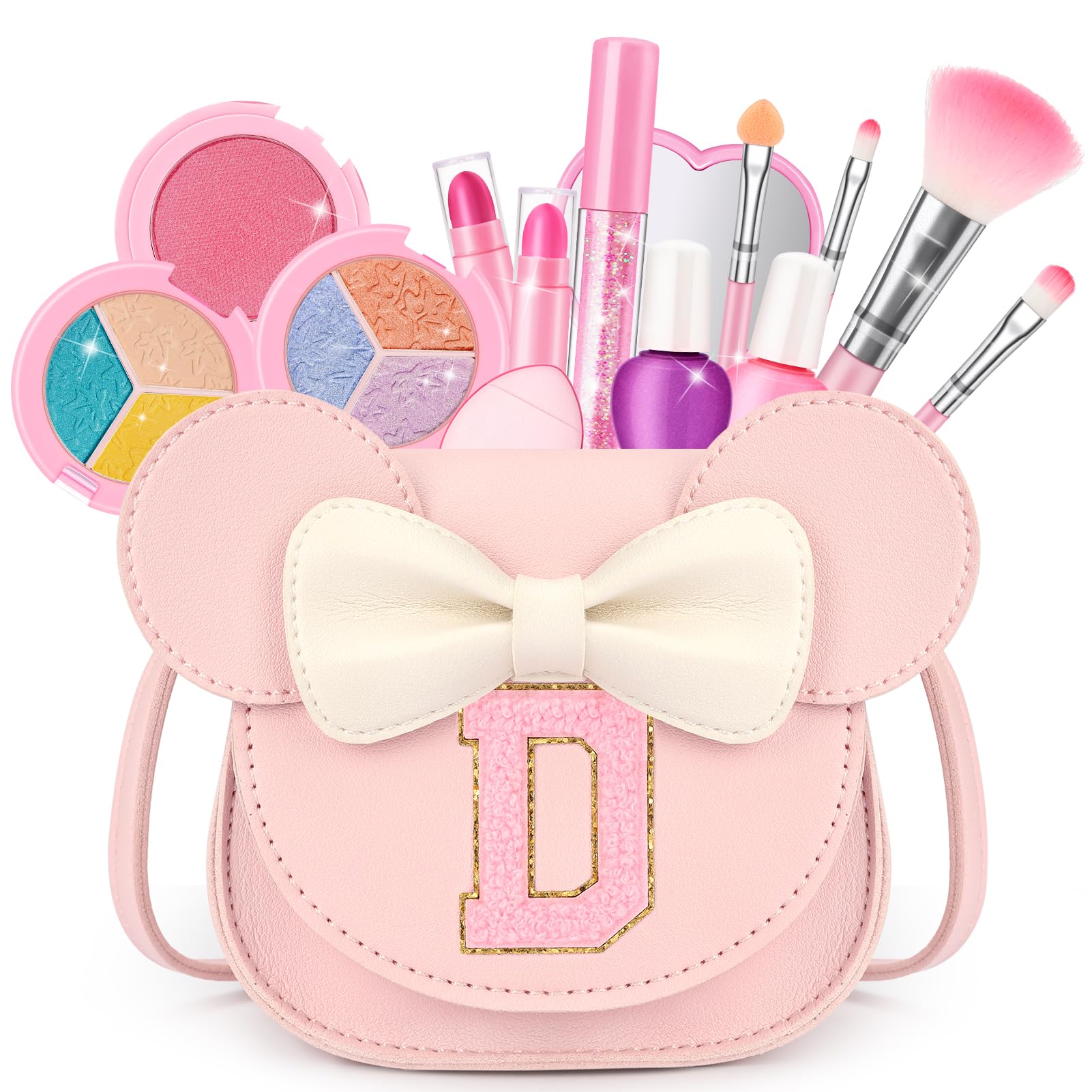 Kids Makeup Kit for Girls - 15 Pcs Real Washable Make Up Set - Non Toxic Toddlers Cosmetic with Letter Mouse Ear Purse - Easter Basket Stuffers for 3 4 5 6 7 8 Years Old Girls Birthday Gift - D
