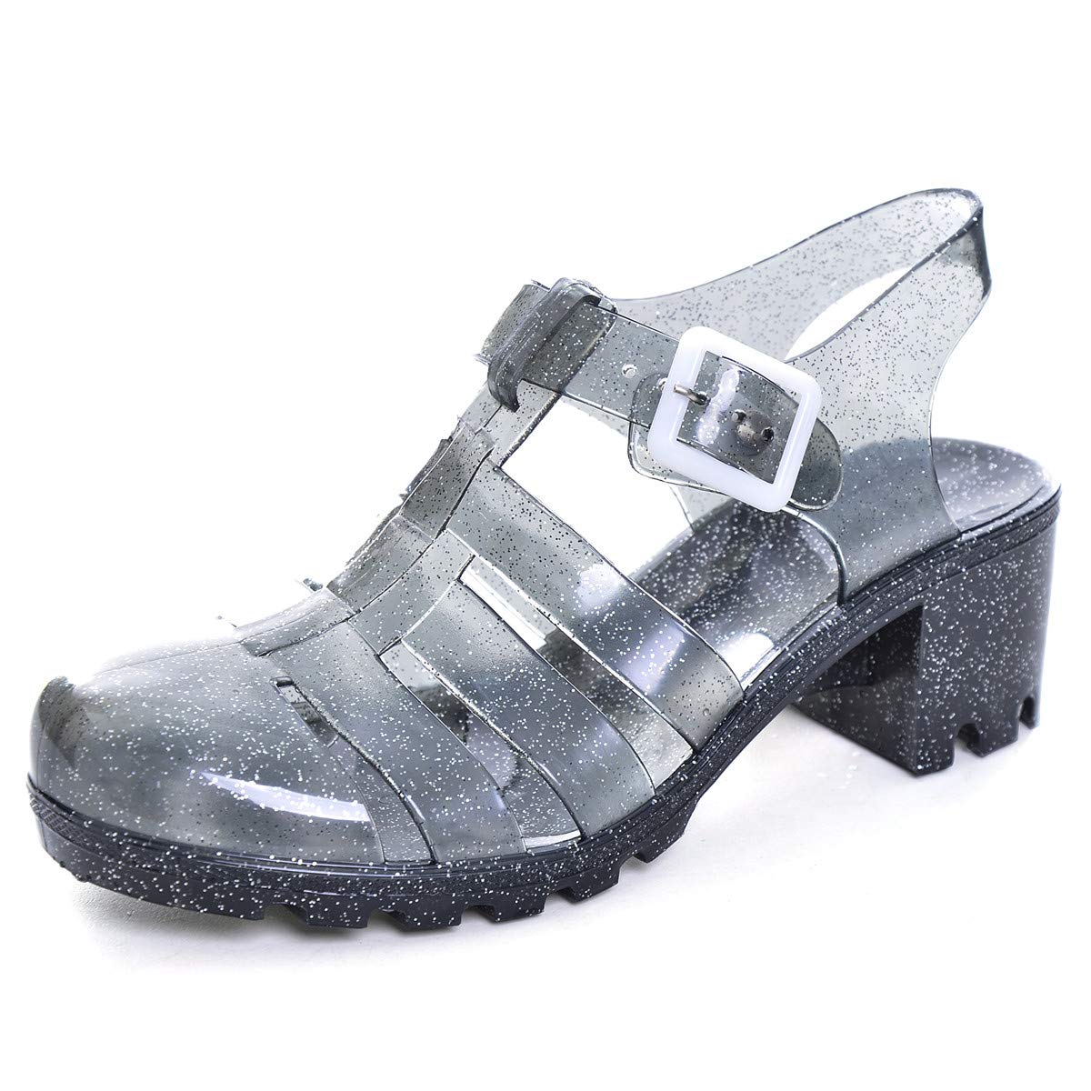Photo 1 of  *** single shoe *** Women Crystal Jelly Sandals Summer Women Rain Boots Retro Slingback Strappy Heels/Flat Sandals For Women Shiny Black 6.5