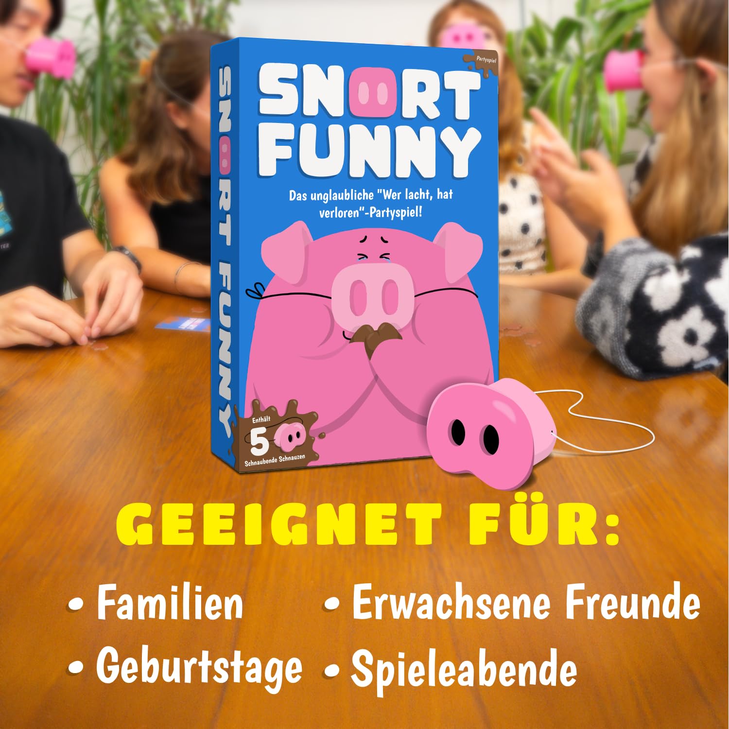 Lucky Egg Snort Funny - Partyspiele Für Erwachsene und Kinder - Wer Lacht, Hat Verloren – Familienspiele Mit 150 Challenge Cards, 5 Pig Snout – Lustige Spiele Für Freunde - 4–8 Spieler - Ab 8 Jahren 4