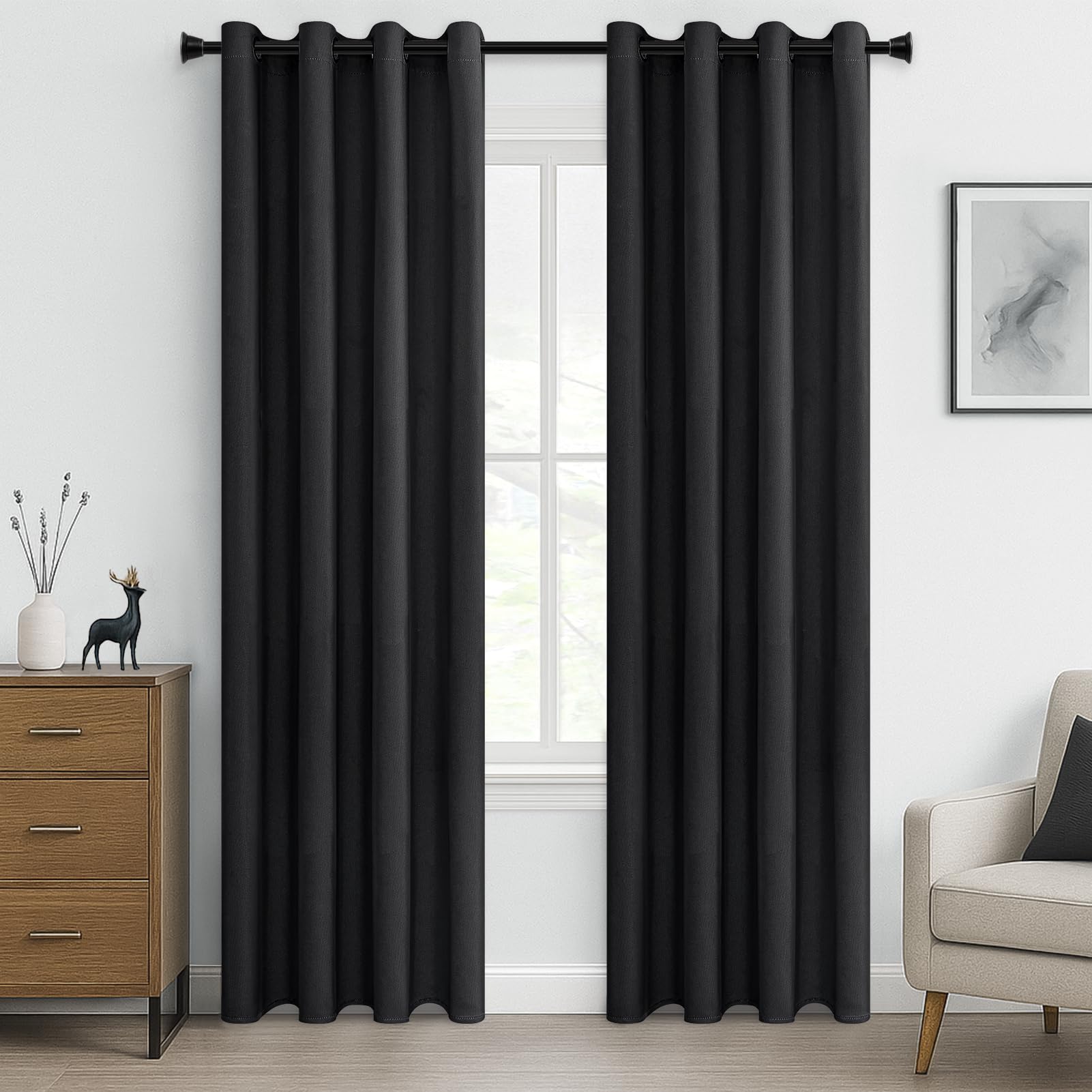 MRTREES Black Curtains 90 Inch Drop, Thermal Blackout Eyelet Curtains for Bedroom Living Room, 2 Panels 117x228 CM 46x90 Inch Black