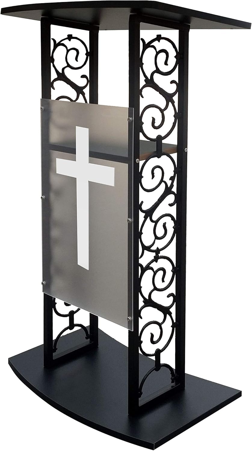 FixtureDisplays Truss Podium Metal Pulpit Church Podium Conference Pulpit Event Lectern Cup Hold with Cross Decor 18353+1803-CROSS-NF No