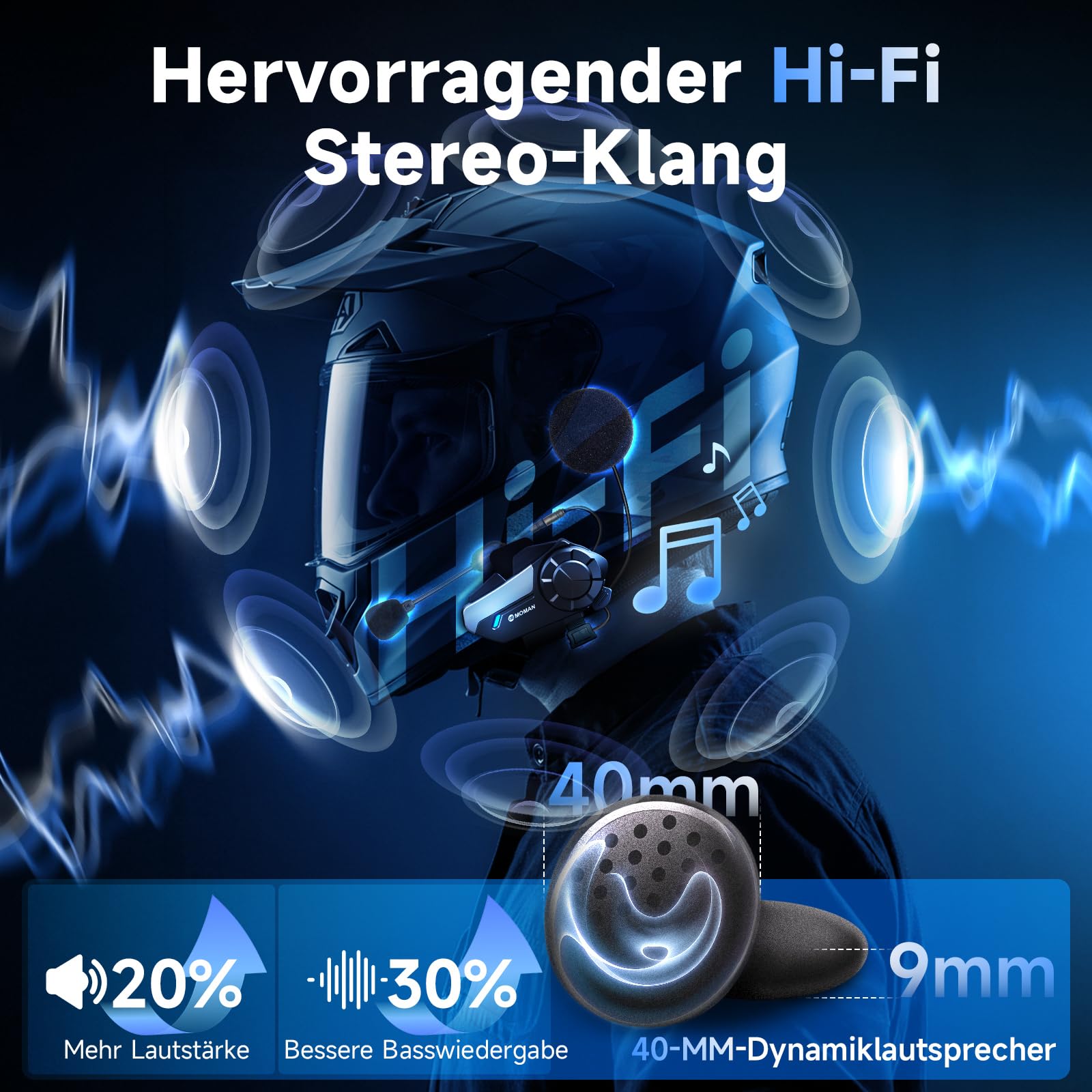 Moman Motorrad Intercom Headset, H2S 1000M Motorradhelm Kommunikationssystem ENC& DSP&CVC Geräuschreduzierung Multitasking-Audio Hi-Fi Stereo Musik Teilen FM AI Sprache IPX6 Wasserdicht (2 Pack) 5