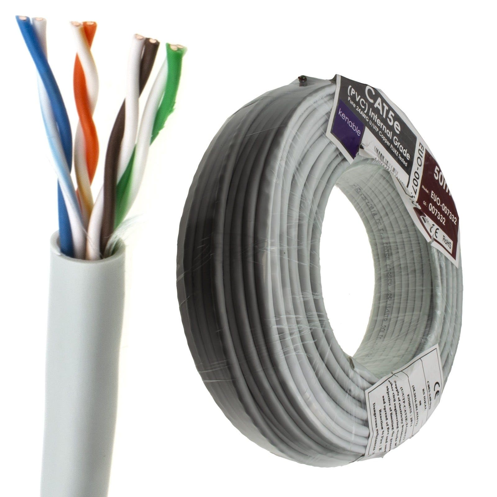 kenable Indoor CAT5e Ethernet Cable Reel 24AWG Solid Copper U/UTP Network Cable 50m Grey