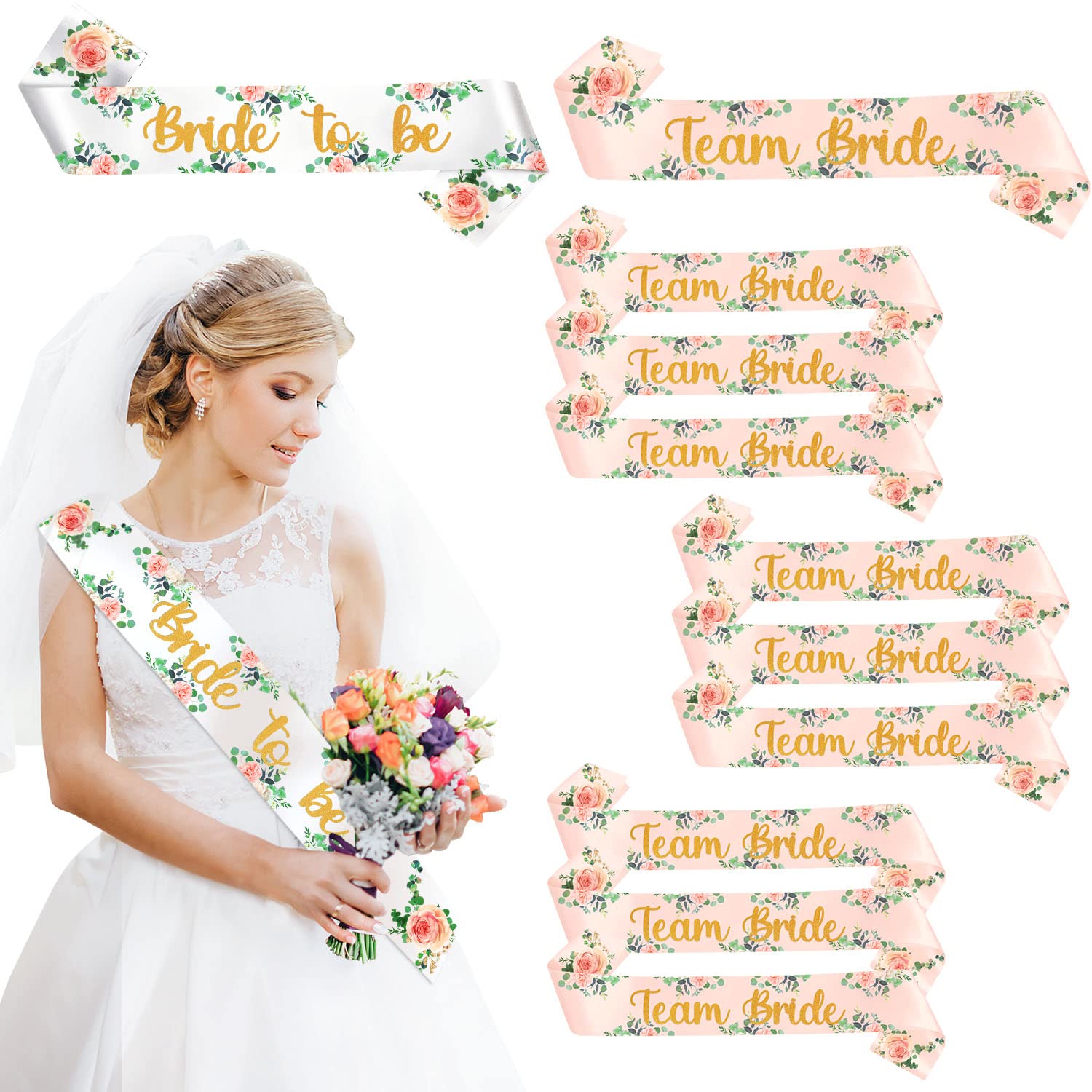 Yueshop 11 Pack Hen Party Floral Sashes Set White Bride To Be/Rose Gold Team Bride Sash Satin Bachelorette Hen Do Sashes Golden Letter Perfect for Hen Do Accessories Wedding Bridal Shower Party