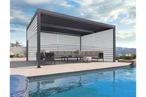 PURPLE LEAF Louvered Pergola 94AS 12' x 16' Outdoor Aluminum Pergola with Shade Screen Adjustable Roof for Deck Backyard Grey Hardtop Gazebo, 1 Long Side and 2 Short Sides