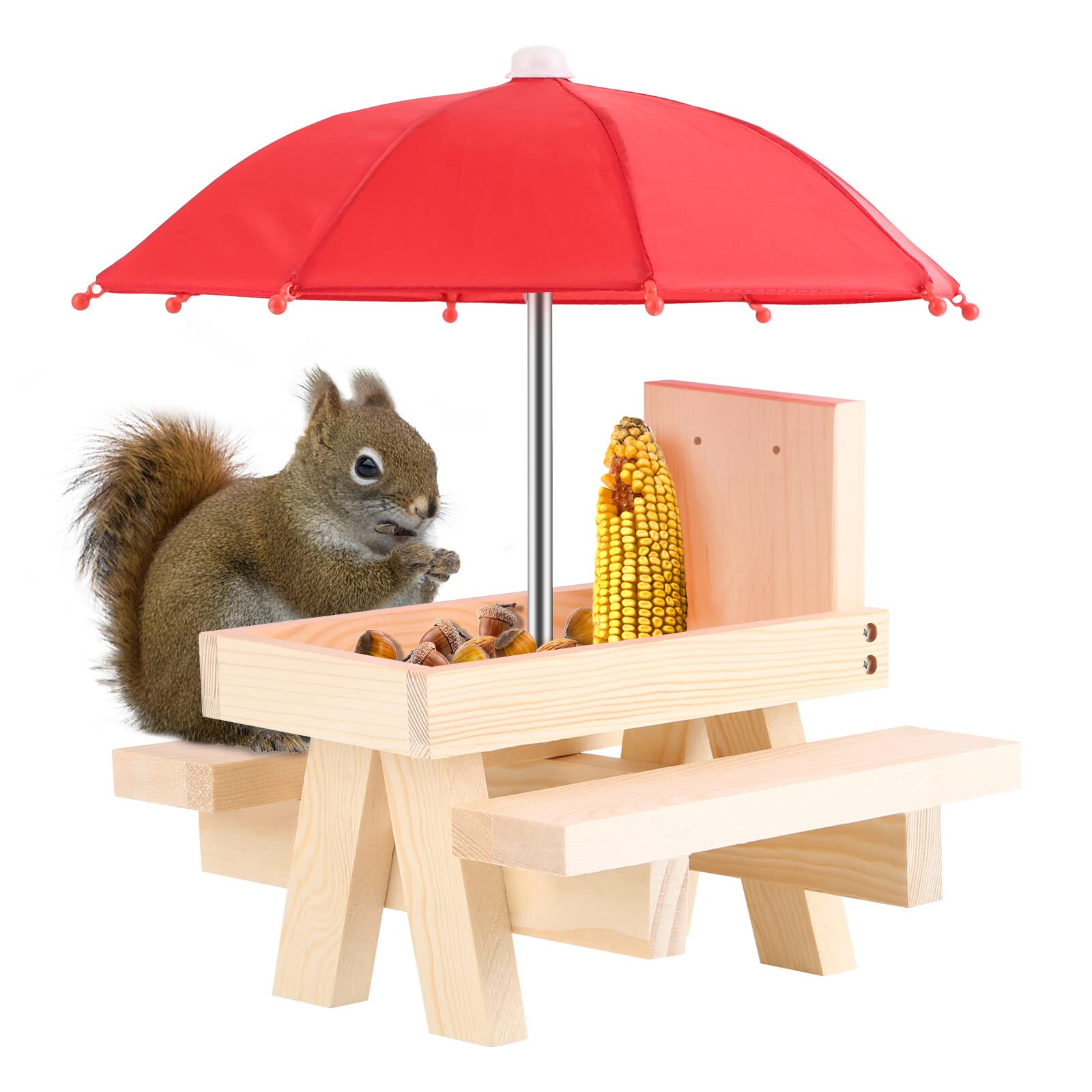 NCONCO Squirrel Feeder, Wooden Picnic Table with Umbrella & Corn Cob Holder, Easy to Fill Peanuts & Nuts, Ideal for Squirrel Lovers