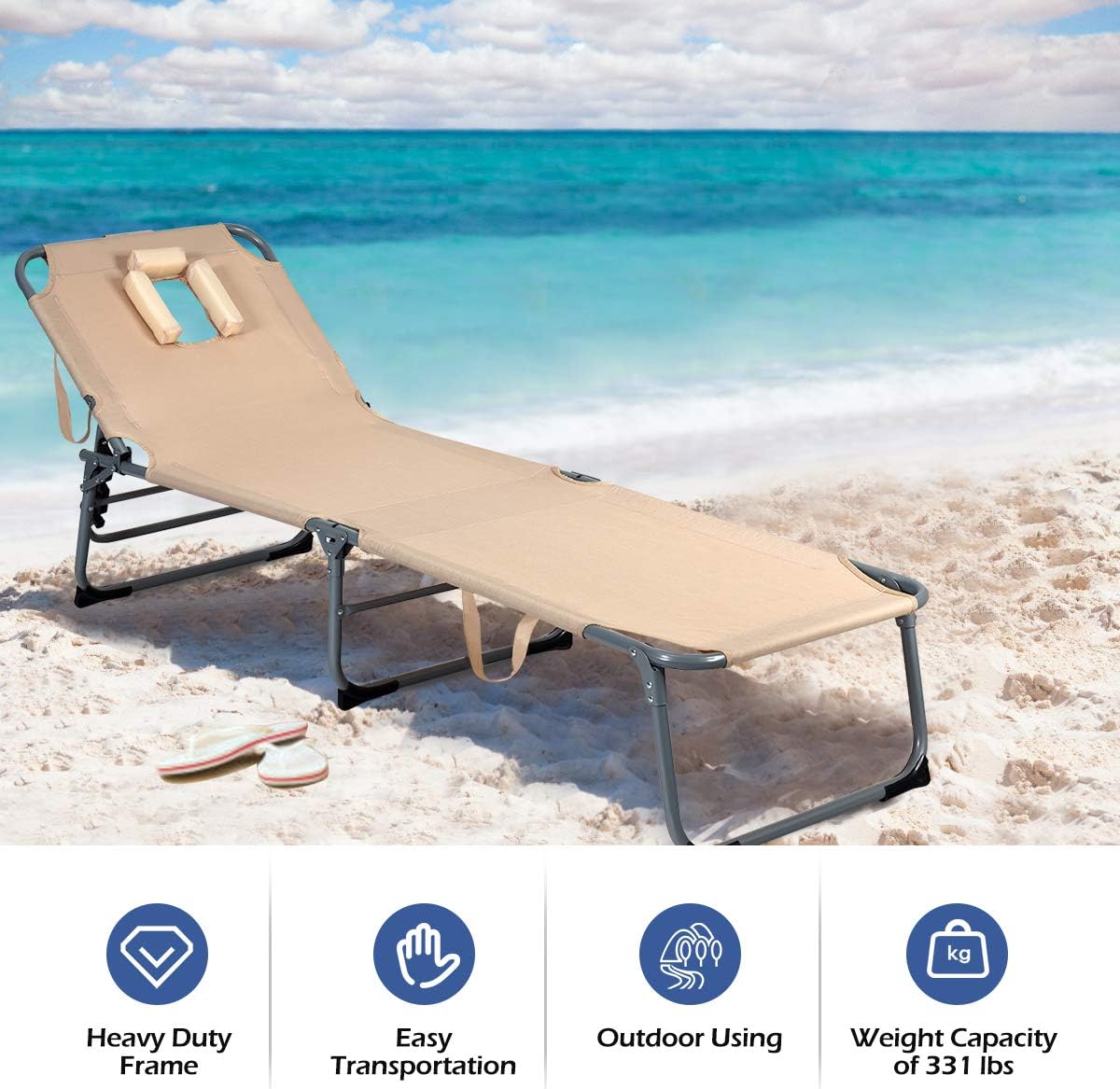 GYMAX Beach Chaise Lounge, Adjustabel Folding Sunbathing Recliner with Face Hole & Removable Pillow, Portable Folding Cot for Beach Patio Backyard (1, Sand): Garden & Outdoor