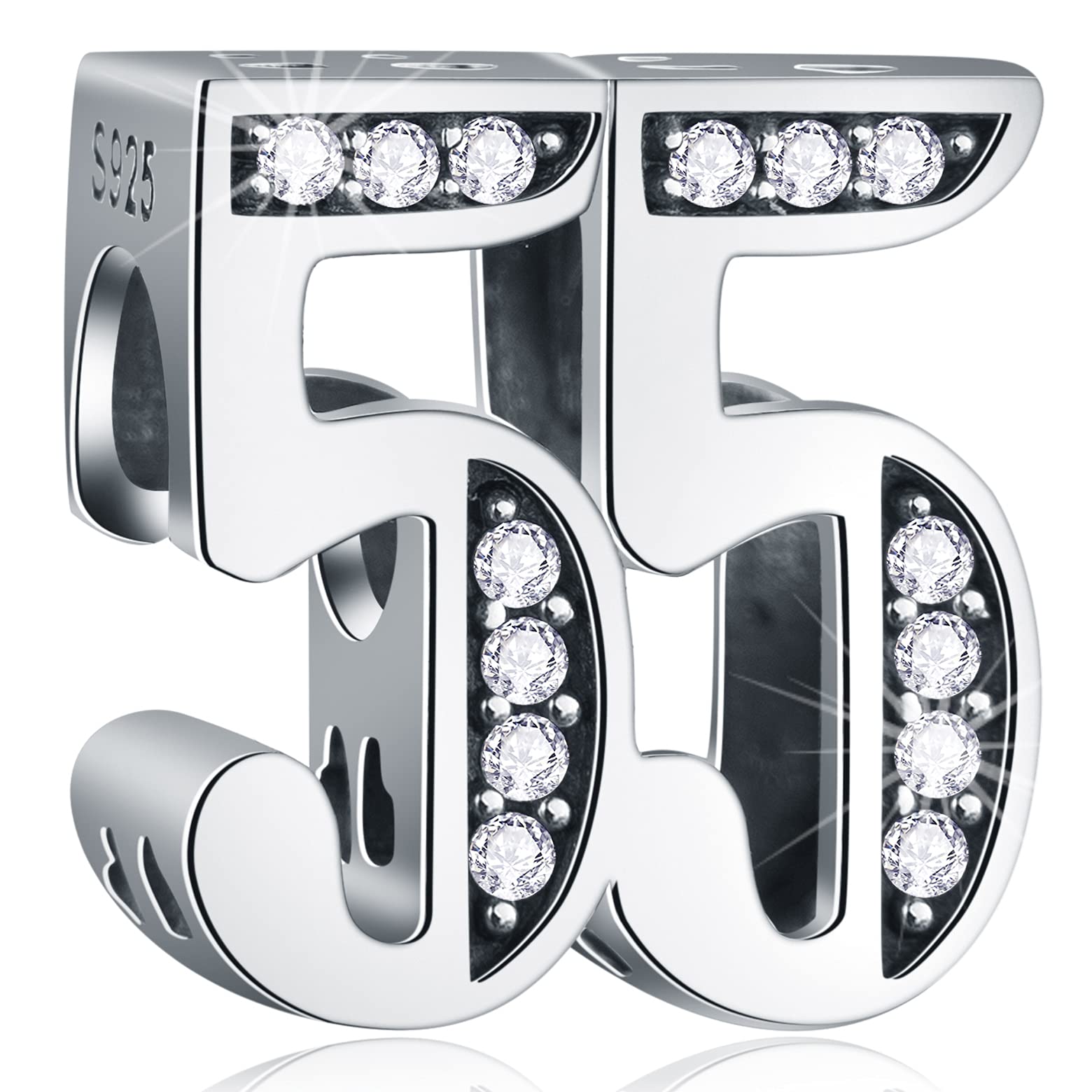 55 Anniversary Charms fits Pandora Mothers Day Bracelet, 925 Sterling Silver 55th Birthday CZ Beads, Number 55 Years Old Gifts for Wedding/Mum/Wife/Lover