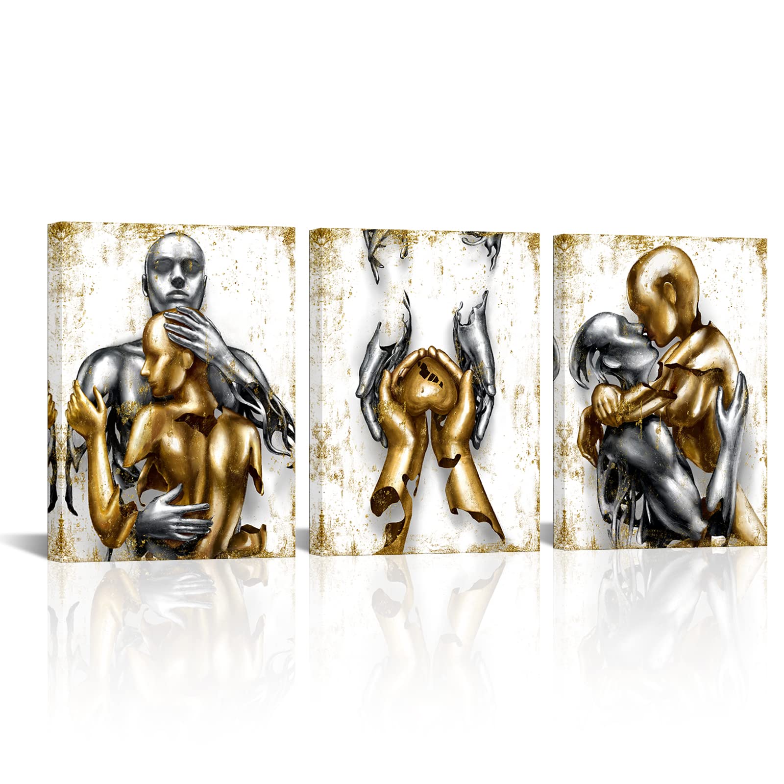 Photo 1 of ***MISSING TH EMIDDLE PIC SEE PICS***Visual Art Decor Black and Gold Love Decor Grey & Gold Hugging Couple Bedroom Wall Decor Picture Art Prints Framed Canvas Print (White, 12x16inchx3 Pieces)