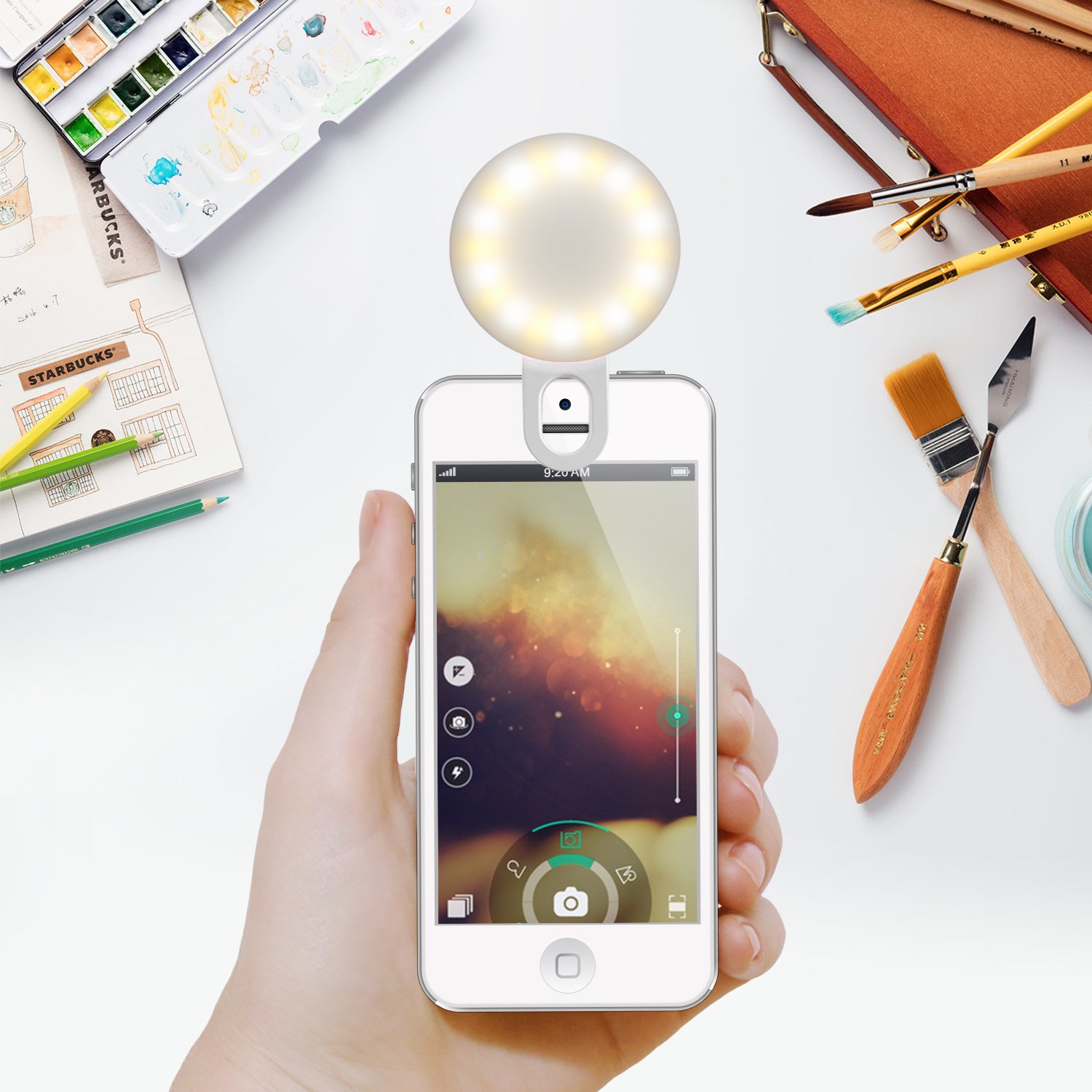 Selfie Ring Light, Clip-on Selfie Light with USB Charging Cable, Warm and Cold LEDs, for Smartphone Tablet Laptop-White (White)