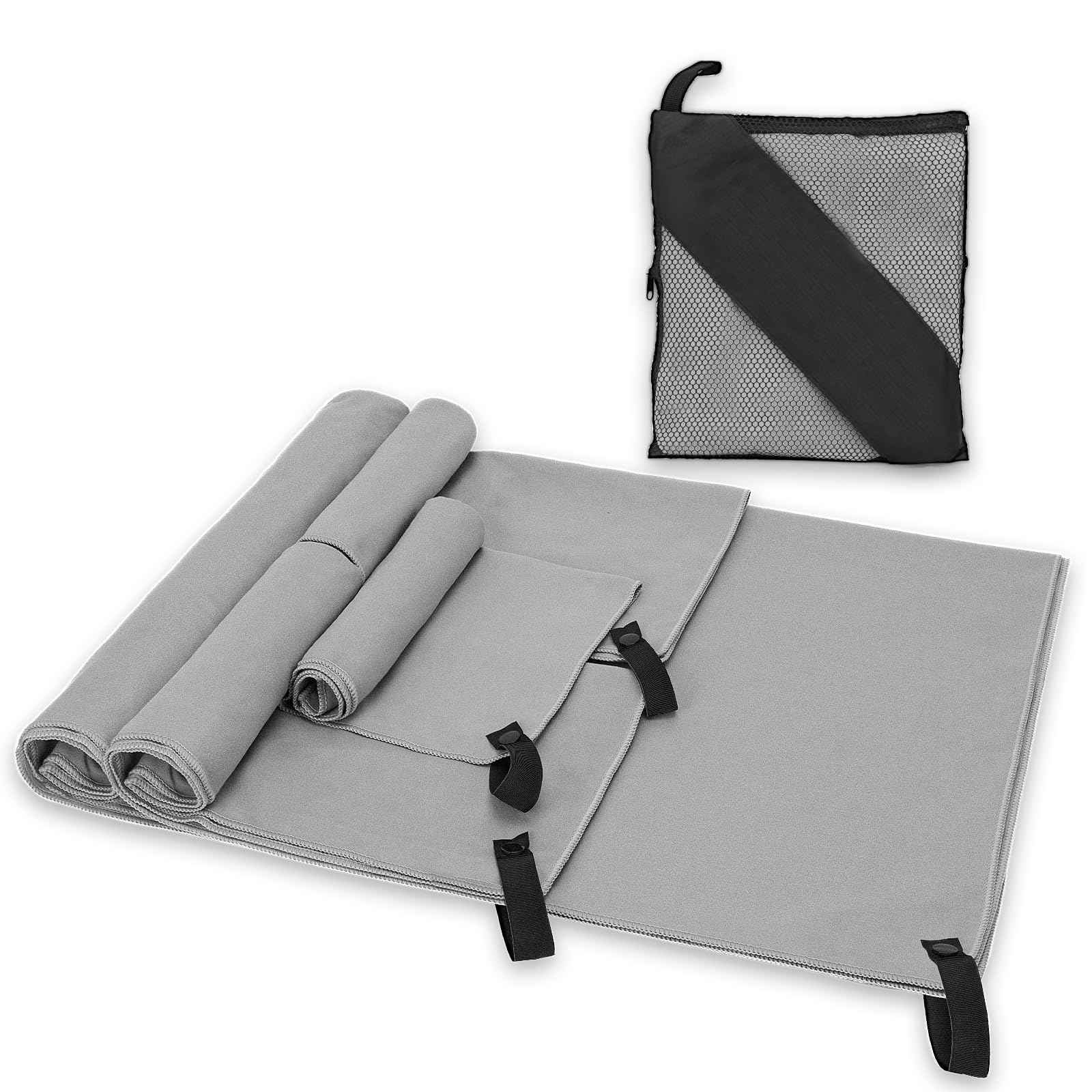 Alyvisun 4Pcs Microfibre Towel Set, Quick Dry Travel Towel [Compact & Ultralight], Super Absorbent Sports Towel in 3 Sizes for Swimming Beach Running Cycling Gym Yoga - Grey