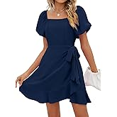 SAMPEEL Womens Summer Dresses Square Neck Puff Sleeve Tie Waist Short Dress
