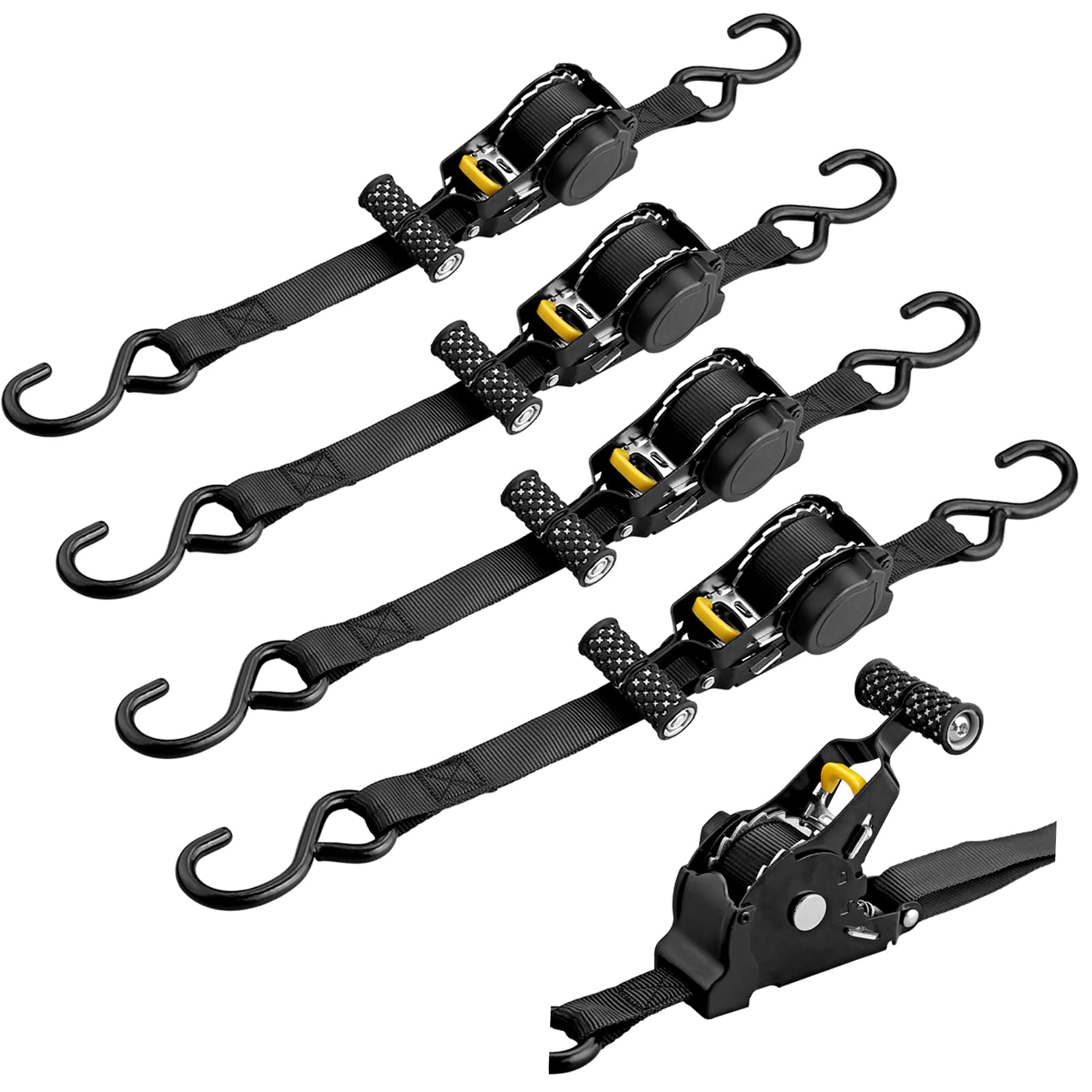 EYPINS 4PCS Auto Retractable Ratchet Straps, Strap Width 25mm, Overall Length 3.3m, Direct Load Capacity 750lbs, U-ring Pull Capacity 1499lbs for Hauling Job