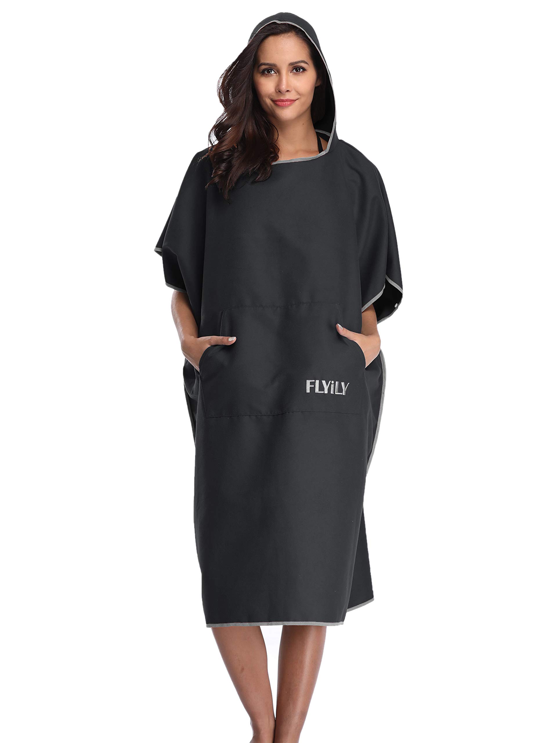 FLYILY Microfibre Surf Poncho Towel with Hood Bath Robe for swimming and beach changing One Size Fit All adults (Black)