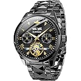 OUPINKE Mens Watches Skeleton Automatic Mechanical Premium with Calendar Sapphire Crystal Tungsten Steel Waterproof Wrist Watch