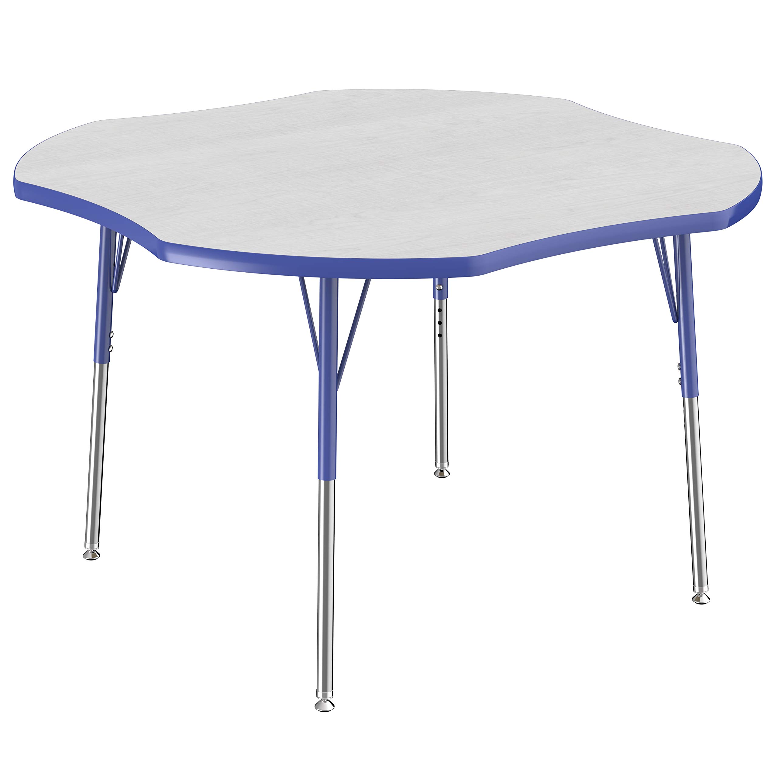 Photo 1 of ** ONLY TABLE** FDP Clover Activity School and Office Table (48 x 48 inch), Standard Legs with Swivel Glides for Collaborative Seating Environments, Adjustable Height 19-30 inches - Gray Top and Blue Edge