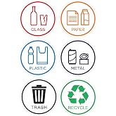 6 Pack 6" Glass, Paper, Plastic, Metal, Trash, Recycle Sign Stickers - Self-Adhesive Vinyl Decal Recycle Logos - Eco-Friendly Trash Can Signs - 6" - Indoor &amp; Outdoor Use - Waterproof &amp; UV Protected
