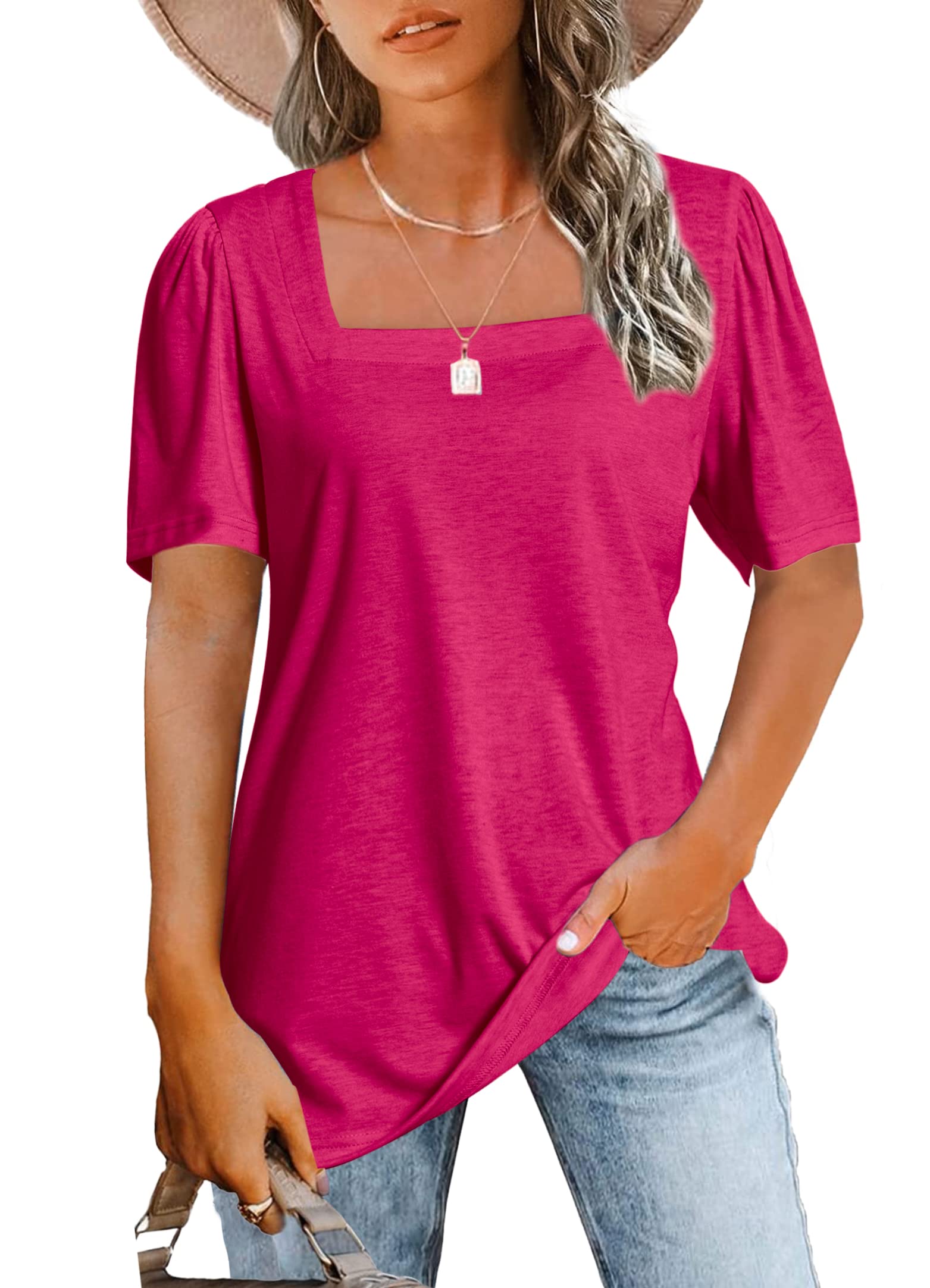 JomeDesign Womens Summer Tops Trendy Short Sleeve Square Neck T Shirts ...